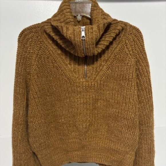 H&M Divided XL Pullover Cowl Neck Zip Long Sleeve Crop Chunky Knit Brown Neutral - Picture 2 of 7